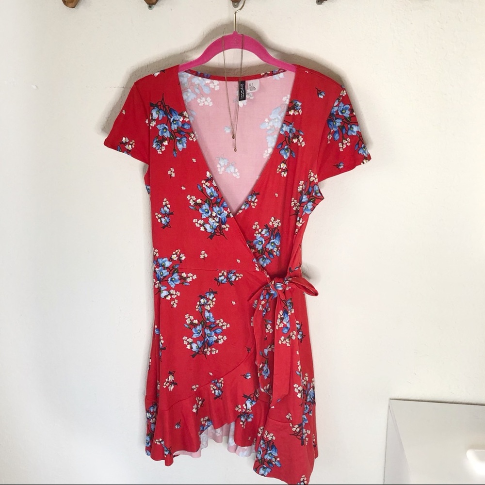 H&M Red Floral Jersey Wrap Dress Size 6